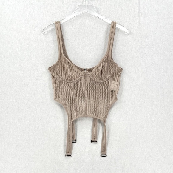 WHITE FOX Boutique Mesh Enlighten Me Bustier Top Medium Taupe Tan Corset Tank - Picture 2 of 16